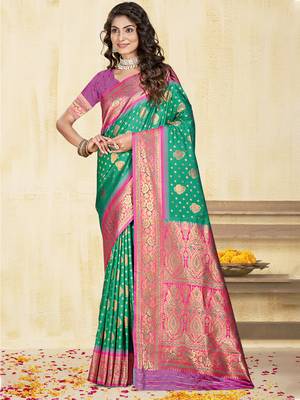 Sangam prints teal green silk woven work traditional saree 1