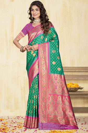 Sangam prints teal green silk woven work traditional saree