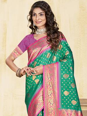 Sangam prints teal green silk woven work traditional saree 2