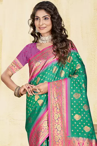 Sangam prints teal green silk woven work traditional saree