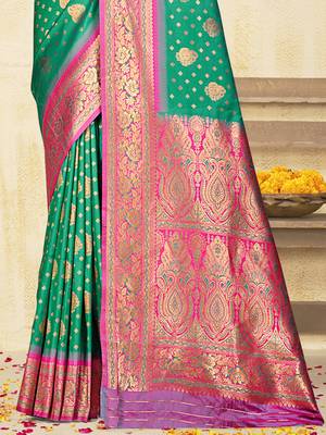 Sangam prints teal green silk woven work traditional saree 3