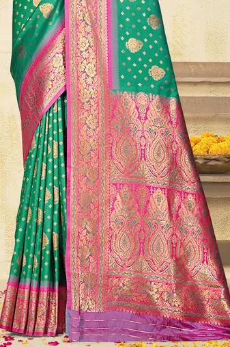 Sangam prints teal green silk woven work traditional saree