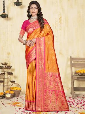 Sangam prints orange silk woven work traditional saree 1