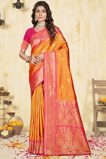 Sangam prints orange silk woven work traditional saree
