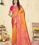 Sangam prints orange silk woven work traditional saree