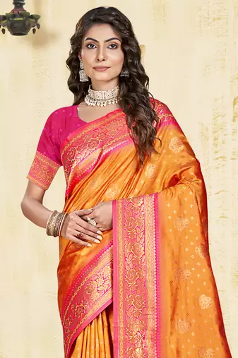 Sangam prints orange silk woven work traditional saree