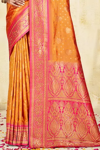 Sangam prints orange silk woven work traditional saree