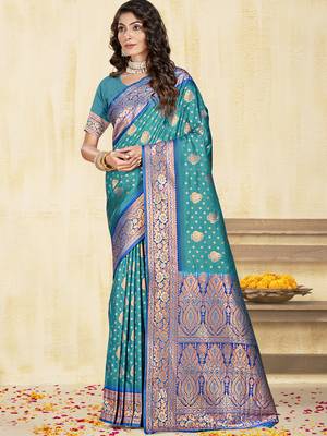 Sangam prints sky blue silk woven work traditional saree 1
