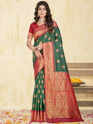 Sangam prints dark green silk woven work traditional saree 1