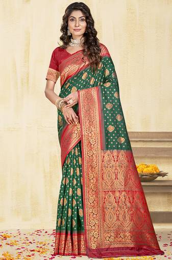 Sangam prints dark green silk woven work traditional saree