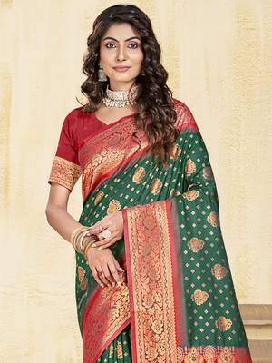 Sangam prints dark green silk woven work traditional saree 2