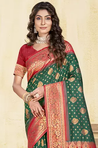 Sangam prints dark green silk woven work traditional saree