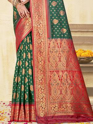 Sangam prints dark green silk woven work traditional saree 3