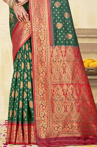 Sangam prints dark green silk woven work traditional saree