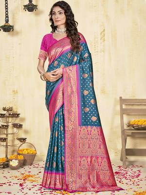 Sangam prints blue silk woven work traditional saree 1