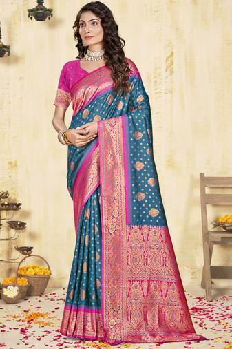 Sangam prints blue silk woven work traditional saree