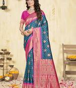 Sangam prints blue silk woven work traditional saree