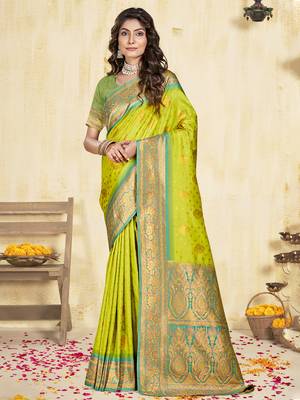 Sangam prints parrot green silk woven work traditional saree 1