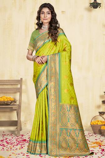 Sangam prints parrot green silk woven work traditional saree