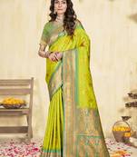Sangam prints parrot green silk woven work traditional saree