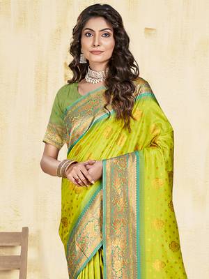 Sangam prints parrot green silk woven work traditional saree 2