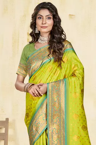 Sangam prints parrot green silk woven work traditional saree