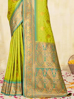Sangam prints parrot green silk woven work traditional saree 3