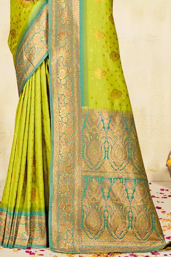 Sangam prints parrot green silk woven work traditional saree