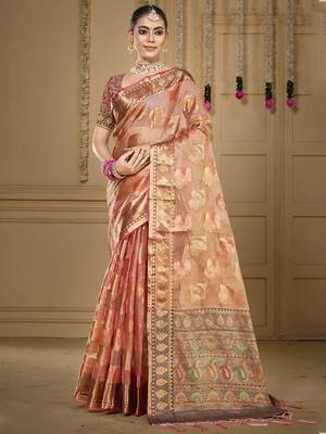 Sangam prints peach organza woven work traditional saree 1
