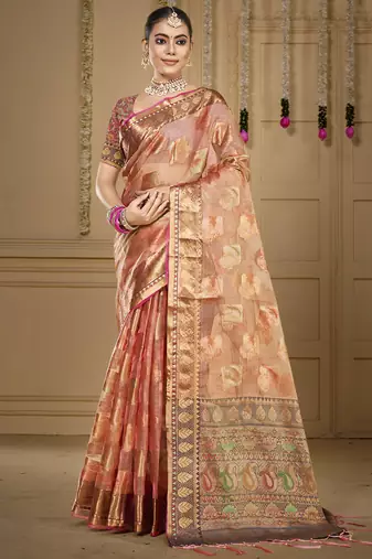 Sangam prints peach organza woven work traditional saree
