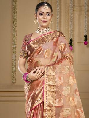 Sangam prints peach organza woven work traditional saree 2