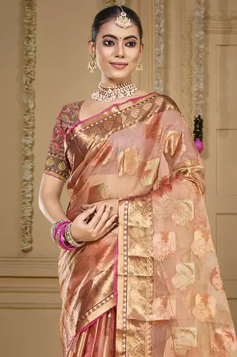 Sangam prints peach organza woven work traditional saree
