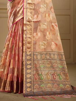 Sangam prints peach organza woven work traditional saree 3