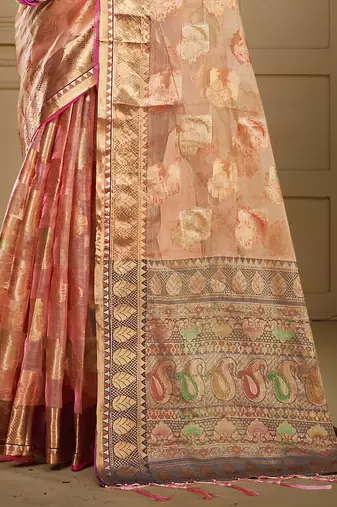 Sangam prints peach organza woven work traditional saree