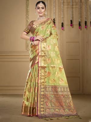 Sangam prints light green organza woven work traditional saree 1