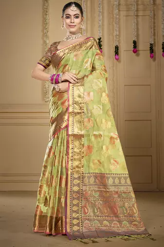 Sangam prints light green organza woven work traditional saree