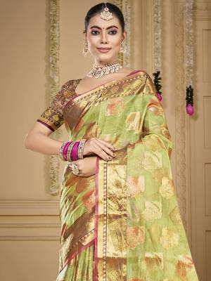 Sangam prints light green organza woven work traditional saree 2