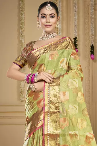 Sangam prints light green organza woven work traditional saree