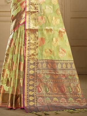 Sangam prints light green organza woven work traditional saree 3