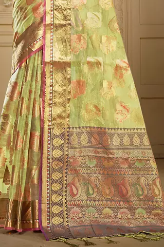 Sangam prints light green organza woven work traditional saree