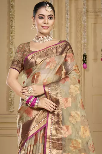Sangam prints grey organza woven work traditional saree