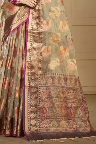 Sangam prints grey organza woven work traditional saree