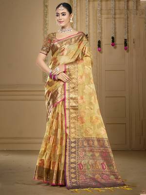 Sangam prints beige organza woven work traditional saree 1