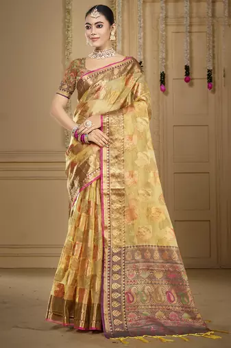 Sangam prints beige organza woven work traditional saree