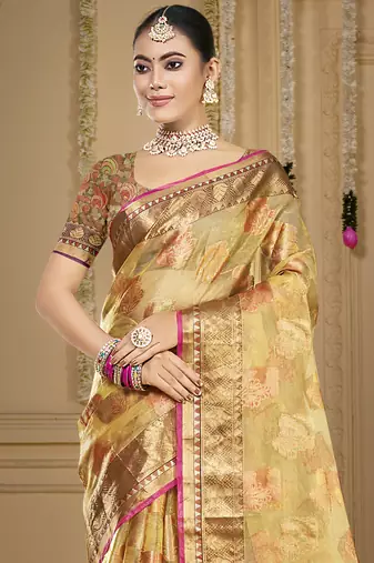 Sangam prints beige organza woven work traditional saree