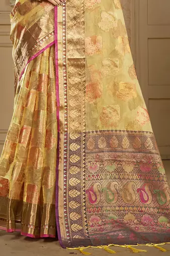 Sangam prints beige organza woven work traditional saree