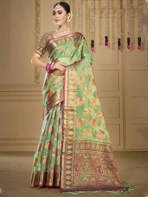 Sangam prints pista green organza woven work traditional saree 1