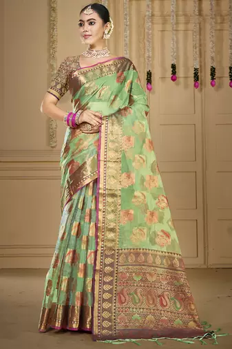 Sangam prints pista green organza woven work traditional saree