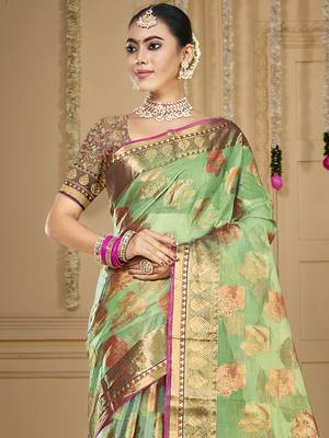 Sangam prints pista green organza woven work traditional saree 2