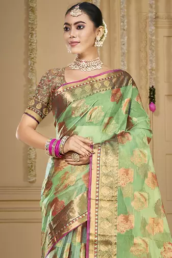 Sangam prints pista green organza woven work traditional saree